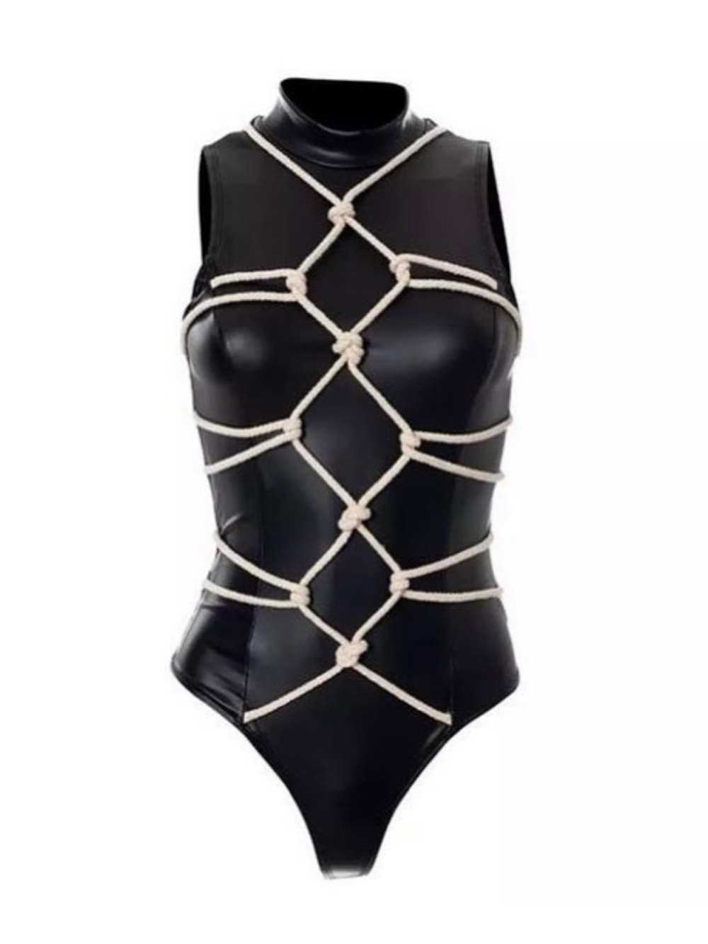 Black Rope-Detail High-Neck One-Piece Bodysuit